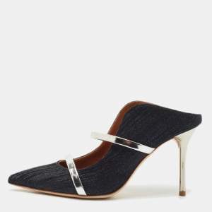 Malone Souliers Navy Blue Lurex Fabric Maureen Heel Mules Size 37