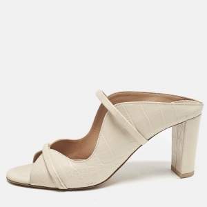Pre Owned Malone Souliers Beige Croc Embossed Leather Norah Block Heel Mules Size 40