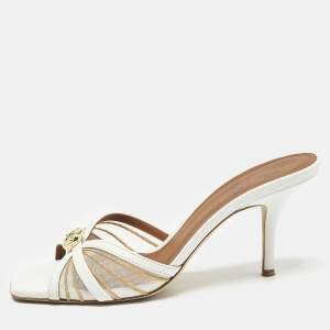 Malone Souliers White Leather and Mesh Perla Slide Sandals Size 38