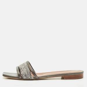 Malone Souliers Metallic Grey/Silver Leather And Fabric Demi Flat Slides Size 41