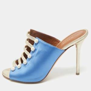 Malone Souliers Blue/Gold Satin and Leather Zada Mules Size 40