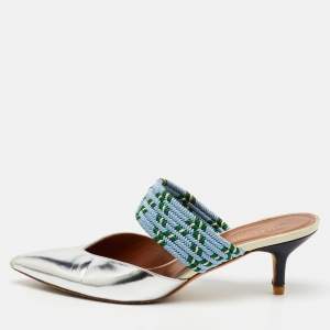 Malone Souliers Silver/Blue Metallic Leather and Stretch Band Maisie Mules 37