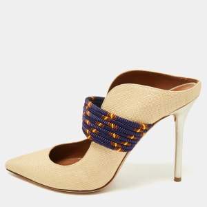 Malone Souliers Beige/Navy Blue Raffia and Cord Mara Pointed Toe Mules Size 40