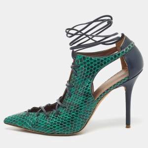 Pre Owned Malone Souliers Green/Navy Blue Leather and Snakeskin Leather Montana Pumps Size 41