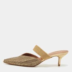 Pre Owned Malone Souliers Beige/Gold Straw and Woven Fabric Maisie Mules Size 41