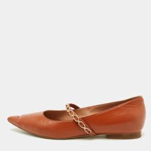 Malone Souliers Brown Leather Virna Chain Detail Mary Jane Ballet Flats Size 38.5