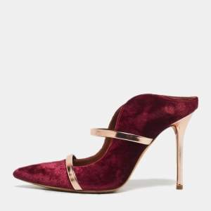 Pre Owned Malone Souliers Gold/Burgundy Velvet and Leather Maureen Mules Size 37