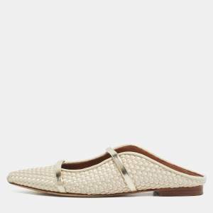 Pre Owned Malone Souliers Cream/Gold Woven Satin and Leather Maureen Flat Mules Size 37.5