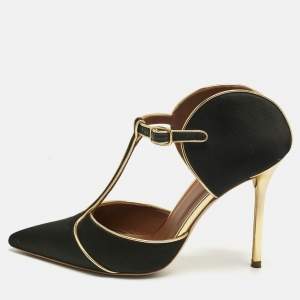 Pre Owned Malone Souliers Black/Gold Leather and Satin Imogen Slide Sandals Size 38