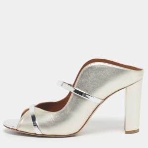 Pre Owned Malone Souliers Silver/Gold Leather Norah Slide Sandals Size 39