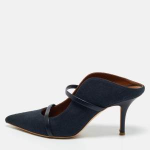 Pre Owned Malone Souliers Navy Blue Fabric and Leather Maureen Mules Size 40