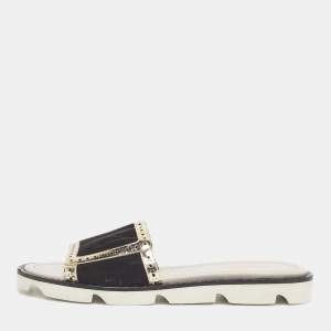 Pre Owned Malone Souliers Brown/Metallic Velvet and Foil Leather Flat Slides Size 36.5