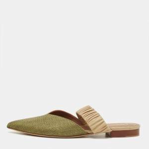 Pre Owned Malone Souliers Green/Beige Leather and Raffia Maisie Mules Size 39.5