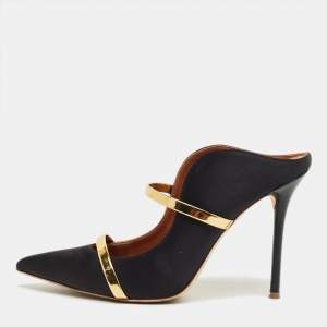 Pre Owned Malone Souliers Black/Gold Leather and Satin Maureen Mules Size 40