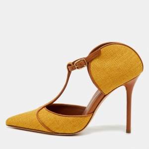 Pre Owned Malone Souliers Yellow/Brown Canvas and Leather Imogen Mules Size 38