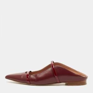 مملوكة مسبقًا Malone Souliers Maureen Size 37.5 Burgundy Leather and Patent Flat Mules
