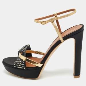 مملوكة مسبقًا Malone Souliers Lauren Size 39 Black/Gold Leather and Satin Platform Sandals
