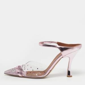 Pre Owned Malone Souliers Iona Size 39 Transparent/Fucshia Leather and PVC Crystal Embellished Mules