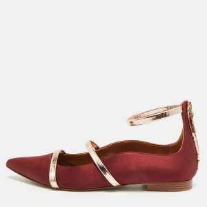 Pre Owned Malone Souliers Maureen Size 38 Burgundy Leather and Satin Ballet Flats