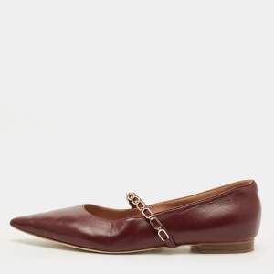 Pre Owned Malone Souliers Virna Size 38.5 Burgundy Leather Chain Detail Mary Jane Ballet Flats