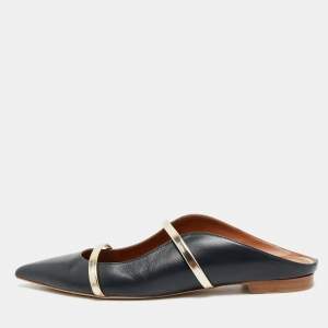 Pre Owned Malone Souliers Maureen Size 43 Navy Blue/Gold Leather Flat Mules