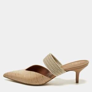 Pre Owned Malone Souliers Maisie Size 39 Beige Croc Embossed Leather Mules