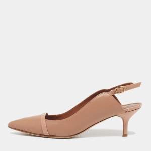 Pre Owned Malone Souliers Marion Size 38.5 Beige Leather Patent Leather Slingback Pumps