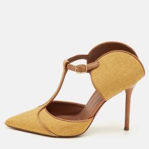 Pre Owned Malone Souliers Imogen Size 36.5 Yellow/Brown Canvas and Leather Pointed Toe Mules