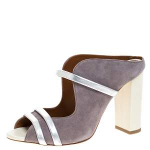 Pre Owned Malone Souliers Grey/Silver Suede and Leather Maureen Block Heel Sandals Size 37