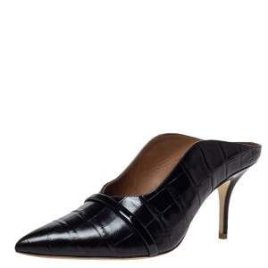 Pre Owned Malone Souliers Black Croc Embossed Leather Constance Mules Size 38