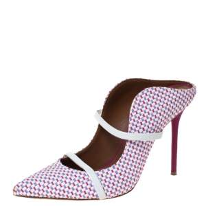 Pre Owned Malone Souliers Multicolor Woven Raffia And White Trim Maureen Pointed Toe Mules Size 39.5