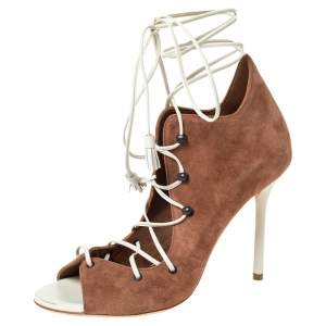 Pre Owned Malone Souliers Brown Suede And White Leather Savannah Ankle Wrap Sandals Size 36