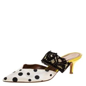 Pre Owned Malone Souliers x Emanuel Ungaro White/Black Polka Dot Satin And Lace Maisie Pointed Toe Mules Size 38.5