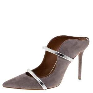 Pre Owned Malone Souliers Dark Grey Suede And Silver Leather Trim Maureen Pointed Toe Mules Size 39