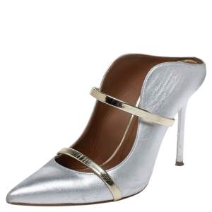 Pre Owned Malone Souliers Silver/Gold Leather Maureen Pointed Toe Mules Size 38.5