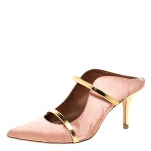 Pre Owned Malone Souliers Beige Satin and Gold Trim Leather Maureen Pointed Toe Mules Size 39