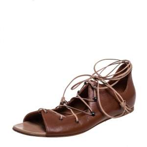 Pre Owned Malone Souliers Brown Leather Savannah Ankle Wrap Flats Size 41