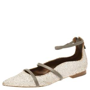 Pre Owned Malone Souliers Grey/Off White Leather and Glitters Robyn Pointed Toe Flats Size 36