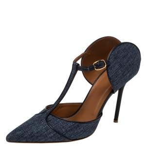 Pre Owned Malone Souliers Blue Denim Fabric And Leather Trim Pointed Toe T Strap Mule Sandals Size 40.5
