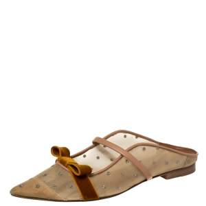 Pre Owned Malone Souliers By Roy Luwolt Brown/Beige Mesh And Velvet Marguerite Bow Mules Size 38.5  