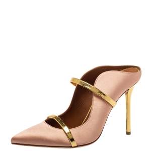 Pre Owned Malone Souliers Blush Gold Satin And Leather Maureen Sandals Size 38