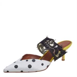Pre Owned Malone Souliers by Emanuel Ungaro White/Black Polka Dot Satin And Lace Pointed Toe Mules Size 37