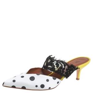 مملوكة مسبقًا Malone Souliers x Emanuel Ungaro White/Black Polka Dot Satin And Lace Maisie Pointed Toe Mules Size 40.5