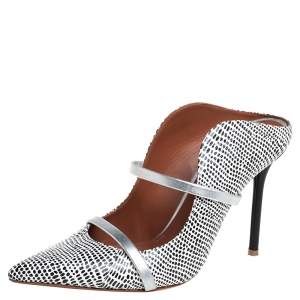 Pre Owned Malone Souliers Monochrome Printed Python Maureen Pointed Toe Mules Size 38.5