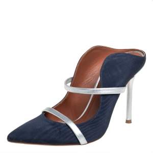 Pre Owned Malone Souliers Navy Blue Canvas And Leather Maureen Pointed Toe Mules Size 36