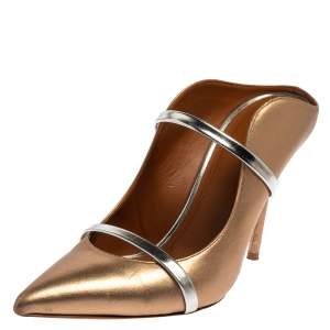 Pre Owned Malone Souliers by Roy Luwolt Glod/Silver Leather Maureen Pointed Toe Mules Size 40