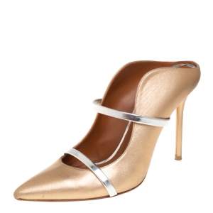 Pre Owned Malone Souliers Gold/Silver Patent And Leather Maureen Pointed Toe Mules Sandals Size 40