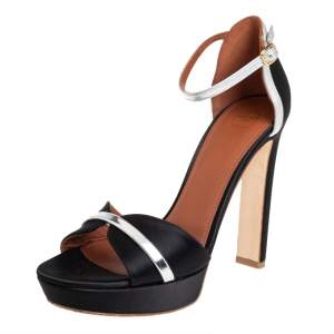 Pre Owned Malone Souliers Black/Silver Satin And Patent Leather Miranda Ankle Strap Sandals Size 39