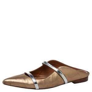 Pre Owned Malone Souliers Sliver/Gold Leather Maureen Pointed Toe Flats Size 37.5