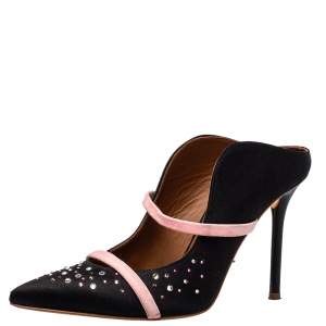 Pre Owned Malone Souliers Black/Pink Satin and Suede Crystal Maureen Mules Sandals Size 37
